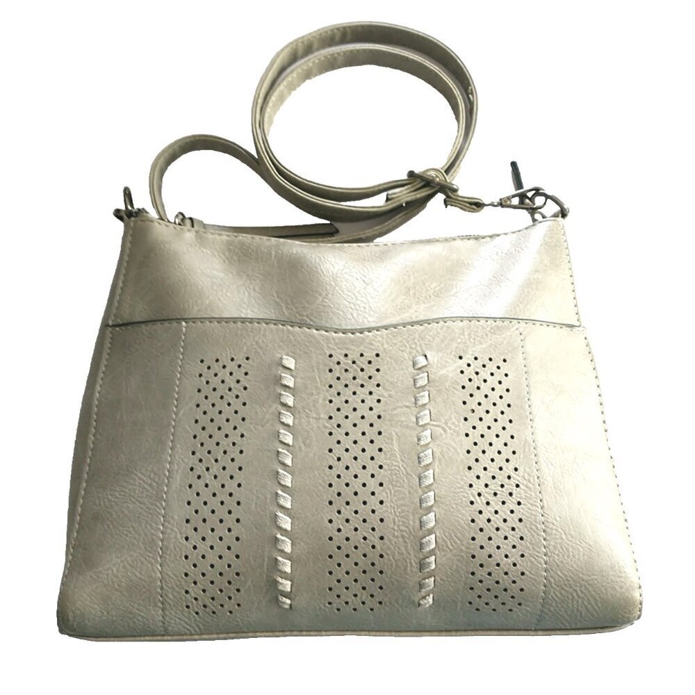 Sam & Hadley Adjustable Crossbody Shoulder Bag Vegan Perforated Light Gray